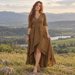 Womens Wrap <b>Maxi</b> <b>Dress</b> V Neck Puff Sleeve Gathered Waist Asymmetric Hem Flowy Boho Casual Beach Vacation Wear | Elegant Style - Product Image 2