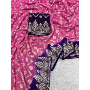 FANCY VISCOSA GEORGETTE JACQUARD FRONTERA CON CONTRASTE FRONTERA TRABAJO SAREE CON BLUSA DESCOSTADA ROSA - Product Image 1