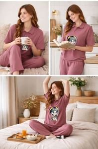 Women's 2-Piece Casual Pajama Set With Character Print Loose Fit Knitted Cotton Tops And <b>Pants</b> Full Length Turn-Down Collar - Product Image 3
