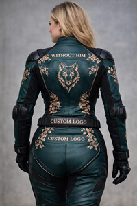 Combinaison de motard en cuir brodée or et vert émeraude personnalisée pour femme |   Équipement de course premium à motif loup avec nom personnalisé B - Product Image 3