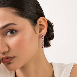 Stunning Luxurious 14K Pure White <b>Gold</b> Real Gemstone Ruby & Diamond Halo Long <b>Dangle</b> <b>Earring</b> For Women Statement Wedding Jewelry - Product Image 6