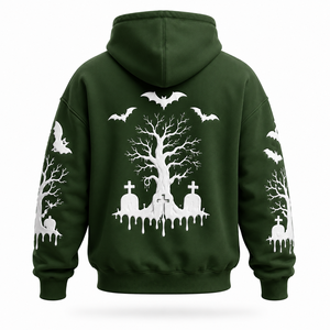 Sudadera con Capucha Personalizada de Halloween para Hombre, Color Verde Oscuro, con Estampado 3D de Calabaza, Murciélago y Cementerio, Felpa de Algodón, OEM - Product Image 3