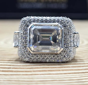Iced Out Sterling <b>Silver</b> Moissanite Cocktail <b>Ring</b> <b>Emerald</b> Cut Pave Setting Geometric Luxury Engagement <b>Ring</b> - Product Image 1