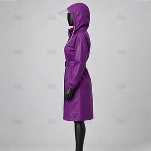Manteau long décontracté pour femme, imperméable, en toile imprimée, écologique, violet, à capuche, avec ceinture, manches longues, couleur unie - Product Image 2