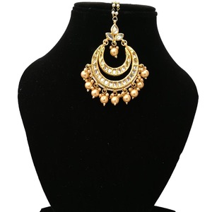Ethnic Style Alloy Maangtikka With <b>Blue</b> <b>Beads</b> And Pearl Chain Handmade For Wedding Bridal Occasion - Product Image 2
