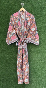 Floral Hand Block Cotton <b>Kimono</b> Women V-Neck Long Robe <b>Beach</b> Cover Resort Wear Lightweight Summer Spring High Quality Lounge - Product Image 2
