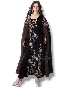 Elegant Brown Floral Embroidered Abaya Long Sleeve Floor Length Round Neck Women's Evening Party Wear Rayon Loose Fit - Product Image 5