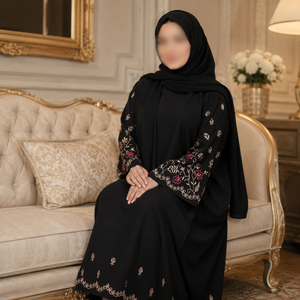 Elegante Abaya Negra |   Vestido Nida con Mangas de Campana y Bordado Floral, Ropa Islámica Modesta, Vestido Largo para Mujeres Musulmanas, Diseño de Moda - Product Image 4
