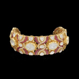 14K Gold-Plated Polki Diamond Noor Half <b>Bangle</b> <b>Bracelet</b> In Talaf Setting With Red Accents Party Jewellery For Women - Product Image 1