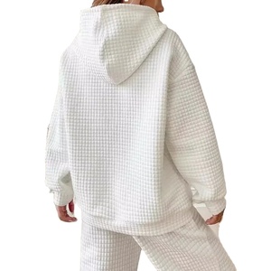 Sudadera con capucha holgada con textura de gofre para mujer de otoño, mangas caídas sólidas con Jersey y bolsillo, tela de rizo informal - Product Image 5