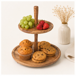 Handmade Acacia Wood 2 Tier Serving Tray and Cake Stand Dessert Display for <b>Weddings</b> Parties and Home Decor Round Tiered Platter - Product Image 3