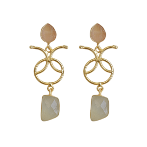 Boucles d'oreilles pendantes plaquées or avec double pierre en quartz rose semi-précieux et calcédoine rose-blanc, bijoux en pierres précieuses naturelles - Product Image 1