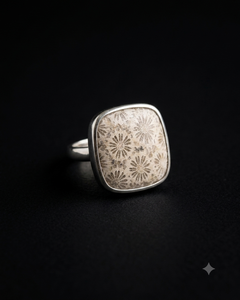 Natural Fossil Coral 925 Sterling Silver Handmade Cushion Shape Floral Adjustable Gemstone <b>Ring</b> for Women - Product Image 5