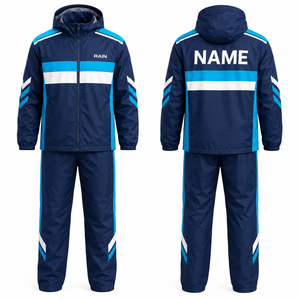 MEGAMAPLE <b>Men's</b> Navy Blue Waterproof Rain Suit Hooded <b>Jacket</b> Pants Color Blocking Design Heat Transfer Printing Sporty Style - Product Image 1