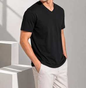 <b>Men's</b> Black V-Neck Short Sleeve T-<b>Shirt</b> with Pattern Regular Fit Casual Knitted Polyester/Cotton Eco-Friendly Breathable Tee - Product Image 1
