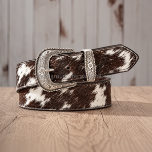 Ceinture Western de Haute Qualité en Cuir de Vachette Naturel avec Poil, pour Hommes et Femmes, Marron et Blanc, Motif Fourrure de Vache avec Gravure Vintage - Product Image 3
