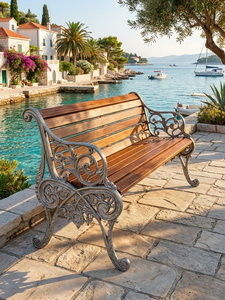Mediterranean Style Wood Patio Bench With Cast Iron Frame Antique Outdoor Furniture For 2 Seater Garden Decor - Product Image 2