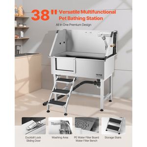 Stazione di lavaggio per cani in acciaio inossidabile da 38 pollici per animali domestici di piccola taglia, lavello domestico con rubinetto caldo/freddo e soffione doccia per la toelettatura degli animali - Product Image 2