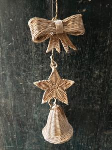 Ensemble d'ornements de Noël en rotin faits à la main, cloche, étoile et nœud en osier naturel, décorations suspendues pour la décoration de l'arbre de Noël - Product Image 2