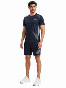 Ensemble sportif d'été pour homme de haute qualité, imprimé géométrique, t-shirt et short, séchage rapide, polyester tricoté, col rond, vêtements de sport - Product Image 3
