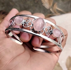 Pulsera Ajustable de Plata con Cuarzo Rosa Natural, Plata de Ley 925, Joyería de Piedras Preciosas Hecha a Mano, Venta al por Mayor - Product Image 2
