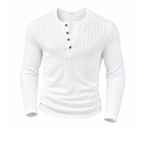 T-shirt Henley à manches longues pour homme en lin/coton, anti-plis, col montant, col en V, streetwear, écologique, couleur unie, décontracté - Product Image 2