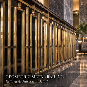 Rampe en bronze architectural avec des cadres rectangulaires imbriqués et des détails de barres décalées, main courante et balustrade métalliques - Product Image 1