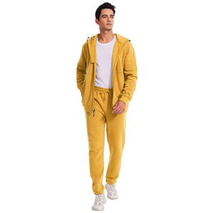 Ensemble de survêtement sportif jaune à capuche pour homme, fermeture éclair intégrale, couleur unie, séchage rapide, décontracté, automne, polyester, sweat-shirt et pantalon, coupe classique - Product Image 4