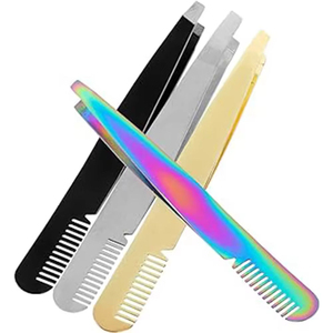 Pinzas de Cejas Profesionales Hechas a Mano de Acero Inoxidable de Lujo con Punta Inclinada y Peine, Herramientas de Aseo de Cejas con Efecto Camaleón, OEM ODM - Product Image 3