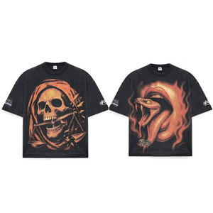Oversized Black T-Shirt With <b>Skull</b> And Snake Print Street Style Short Sleeve O-Neck Men's Jersey Cotton <b>Top</b> - Product Image 2