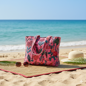 Sac fourre-tout en velours de coton imprimé avec double poignée, motif floral matelassé, fermeture ouverte et à glissière, pour les voyages et l'usage quotidien - Product Image 1