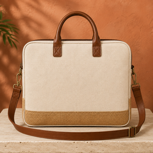 Mochila de Lona y Yute para Portátil, Maletín, Bolso Cruzado con Correa de PU, Cierre de Cremallera, Gran Capacidad, Rayado, para Universidad, Oficina, Viajes - Product Image 3
