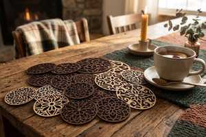 Wooden Mandala Coated <b>Coasters</b>, Wood Beverage Holders, <b>Drink</b> <b>Coaster</b> Sets, Tabletop Home Decor, Abstract <b>Coaster</b> Sets - Product Image 2