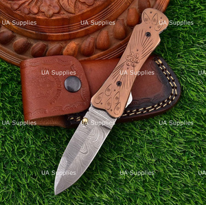 UA Supplies Hand Engraved <b>Copper</b> Handle Damascus Steel EDC Thumb <b>Knob</b> Liner Lock Folding Hunting Knife Leather Pouch Outdoor - Product Image 2