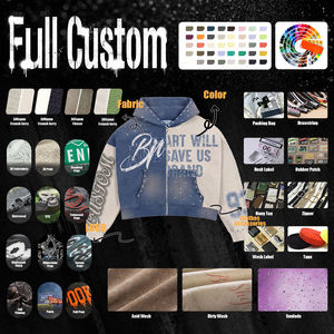 Sudadera con capucha personalizada para hombre con cremallera, estilo oversize de algodón, streetwear, vintage, patchwork, corta, holgada, con pedrería - Product Image 5