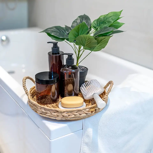 Handwoven Round Straw Basket <b>Tray</b> with Handles for Fruit Bread <b>Kitchen</b> Storage - Product Image 4