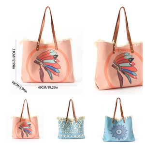 Boho Chic Canvas Tote <b>Bag</b> with Zipper Closure Solid Color <b>Large</b> Capacity for <b>Beach</b> Travel - Product Image 5