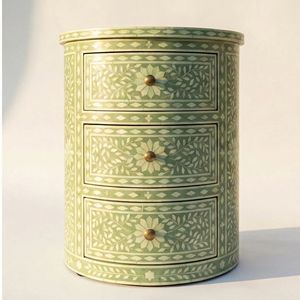 Wholesale <b>Green</b> Bone Inlay Nightstand 3 Drawer Round <b>Bedside</b> <b>Table</b> Floral Handmade Furniture - Product Image 1