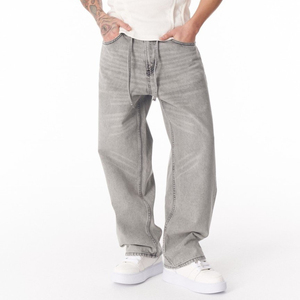 Jeans de mezclilla personalizados para hombre, estilo clásico urbano, con cordón, dobladillo sin rematar, vintage, de pierna recta y holgados - Product Image 4