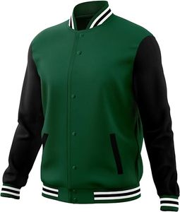 MOMENTUM Men's Green Varsity <b>Jacket</b> Black Sleeve Solid Color Turn-down Collar Reversible Breathable <b>Fleece</b> <b>Lining</b> Winter Casual - Product Image 2