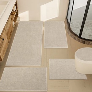 Modern Cotton Bath <b>Mats</b> <b>Set</b> 4Pcs Rectangle Non-Slip Rubber Backing Solid Color Home <b>Bathroom</b> Rug Thin Flat Weave Design - Product Image 1