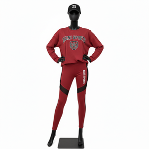 Conjunto de camiseta y leggings de algodón y poliéster premium para mujer, 280 GSM, rojo, negro, con panel de malla y logotipo personalizado. - Product Image 6