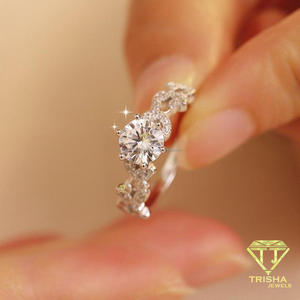 Round Cut Moissanite Diamond <b>Ring</b> <b>925</b> Sterling <b>Silver</b> Curved Band Engagement Wedding Jewelry For Women By Trisha Jewels - Product Image 2