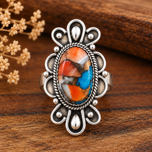 Spiny Oyster <b>Turquoise</b> Silver <b>Ring</b> Western Boho Statement Gemstone <b>Ring</b> Southwestern Jewelry Fashion <b>Ring</b> for Women Gift - Product Image 6