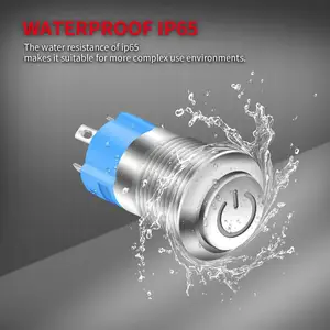 12/16mm Latching Push Button Switch Metal Stainless Shell IP65 Waterproof Power Symbol Pattern Self-Locking 1NO 1NC