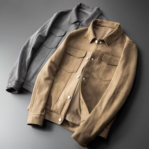 <b>Men's</b> Gray <b>Suede</b> Leather <b>Jacket</b> Turn-down Collar Zipper Closure Slim Moto Front Casual Winter Style Regular Sleeve Solid Color - Product Image 6