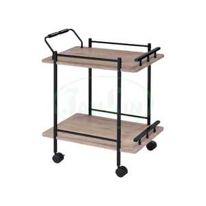 Chariot de bar à deux niveaux avec cadre en métal foncé, étagères en bois, porte-verres à vin, chariot mobile à 4 roues, rangement industriel moderne - Product Image 5