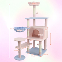Arbre à chat moderne en sisal multi-niveaux, rose et bleu, avec fleurs, meuble d'intérieur pour animaux, condo amovible et durable en carton