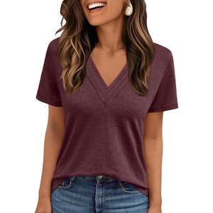 2025 dames été à manches courtes col en v plissé hauts affaires décontracté rétro Style occidental lâche fait soie mousseline de soie tricoté XL - Product Image 2