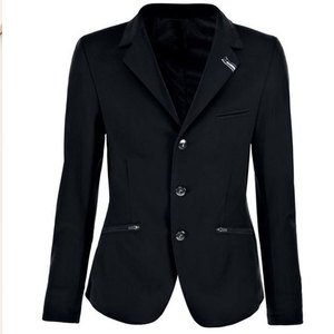 Veste d'équitation bordeaux pour femme, col vert clair, boutons argentés, tenue de concours équestre, matière coton polyester, logo personnalisé - Product Image 3